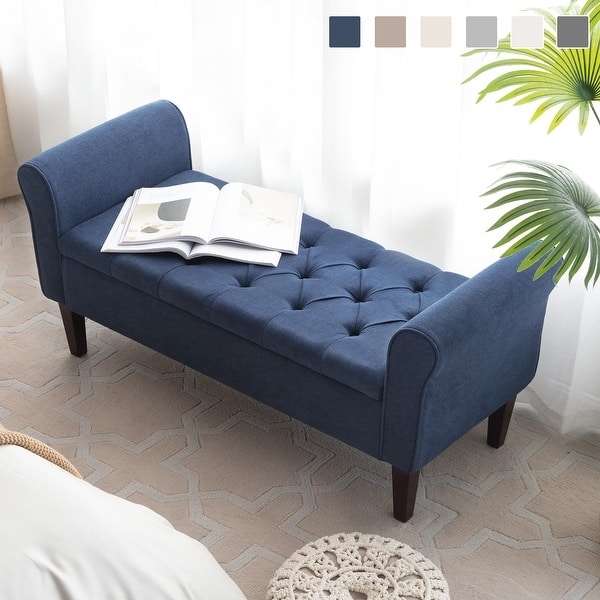 Storage Ottoman Bench, Beige Fabric, Flared Arms, Button Tufted Seat