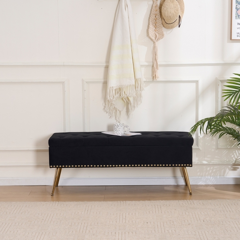 Storage Ottoman Bench Black Velvet Gold Tapered Legs Glam Nailheads