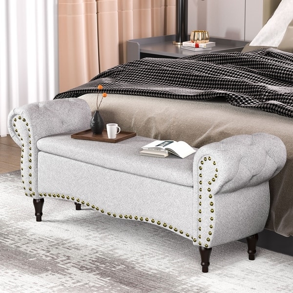 Storage Ottoman Bench Navy Blue Rolled Arms Nailhead Trim Tufted
