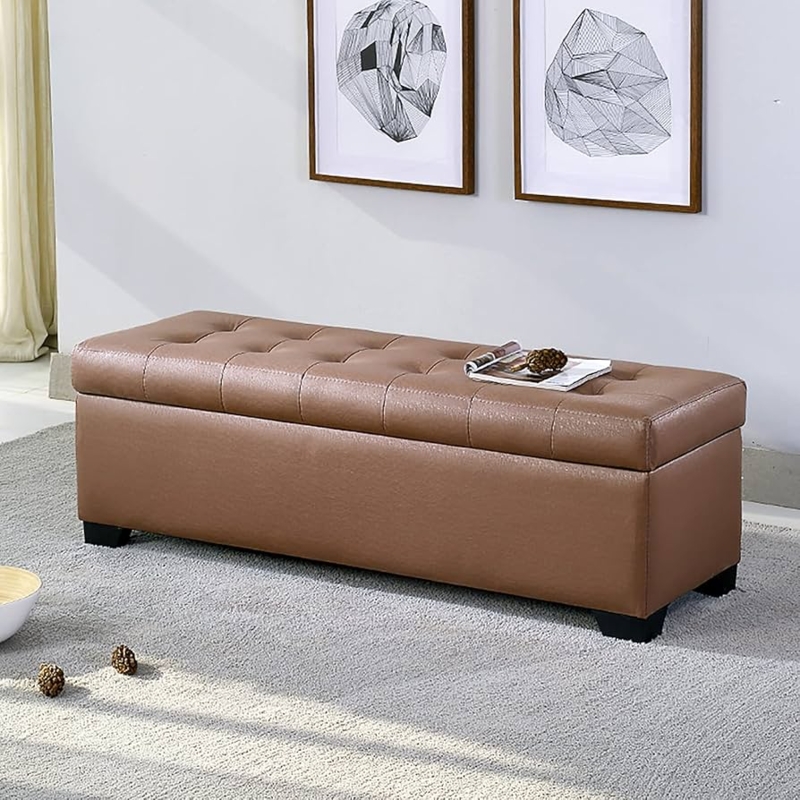 Storage Ottoman Bench Warm Tan Button Tufted Hinged Lid Block Feet