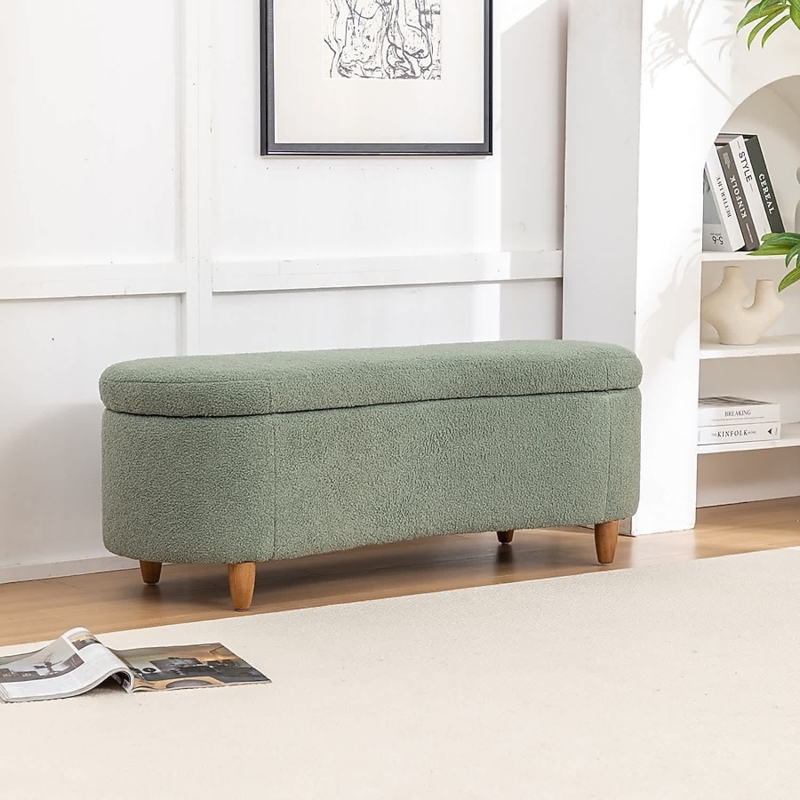 Storage Ottoman Bench White Boucle Vertical Channel Tufting Gold Legs