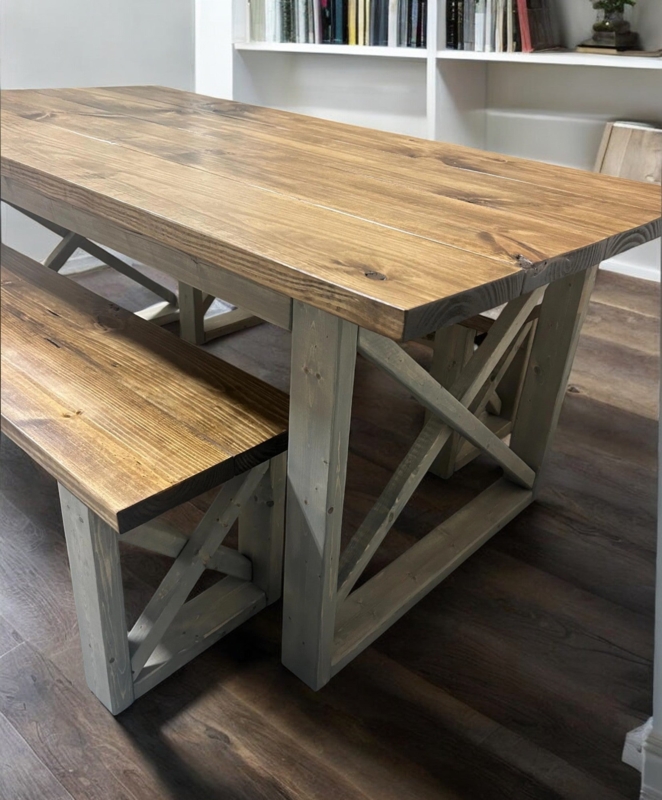 Sturdy Farmhouse Dining Set, X-Frame Base, Two-Tone Wood Finish
