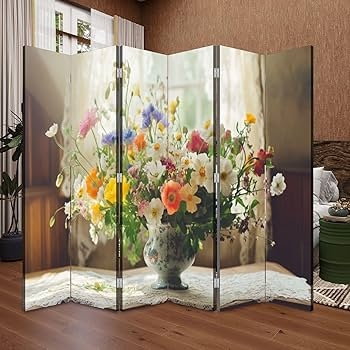 Sunlit Floral Six-Panel Room Divider, Cottagecore Folding Screen