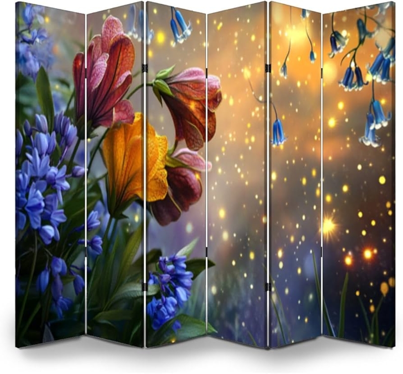 Surreal Floral Six-Panel Room Divider, Vibrant Botanical Screen