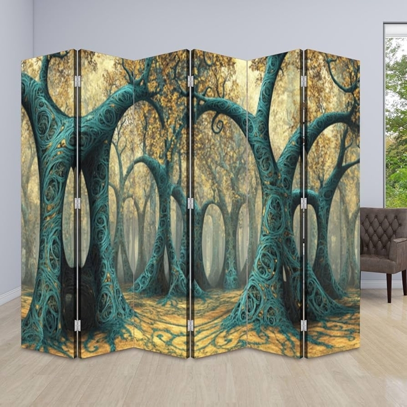 Surreal Forest Room Divider Teal Vine Trees 6 Panel Folding Screen