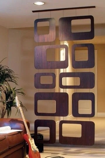 Suspended Geometric Panel Screen In Dark Wood