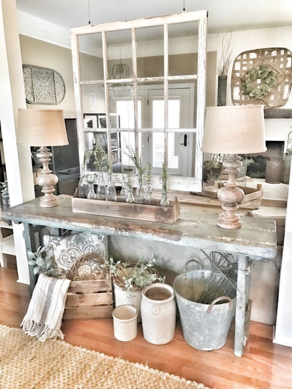 Suspended Window Frame Room Divider Vignette, Distressed Farmhouse Decor