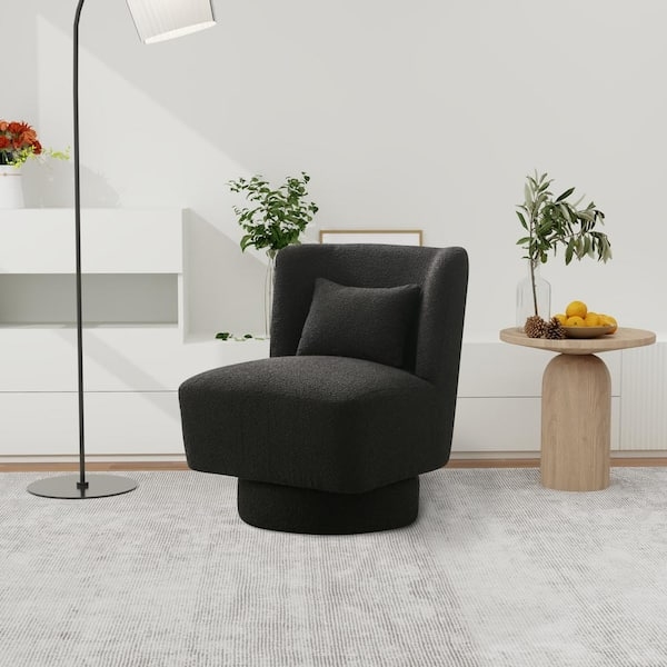 Swivel Accent Chair Black Boucle Texture Barrel Silhouette