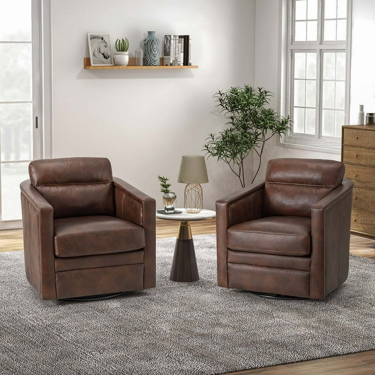 Swivel Accent Chair, Chocolate Leather-Like, High Back, Curved Wood Shell