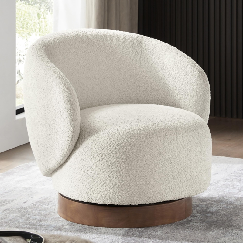 Swivel Accent Chair Cream Boucle Texture for Reading Corner Decor