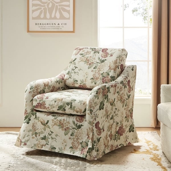 Swivel Accent Chair Floral Slipcover Skirted Base Barrel Back