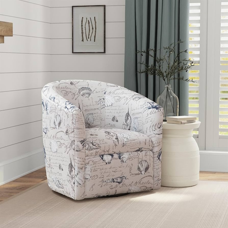 Swivel Accent Chair Gray Palm Tree Pattern Barrel Back Coastal