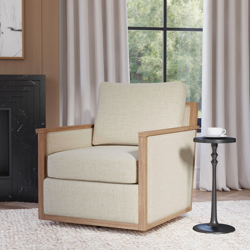 Swivel Accent Chair in Cream Boucle Fabric Barrel Silhouette