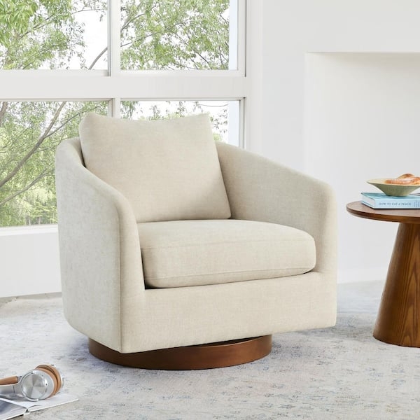 Swivel Accent Chair Light Gray Linen Barrel Back Transitional Style