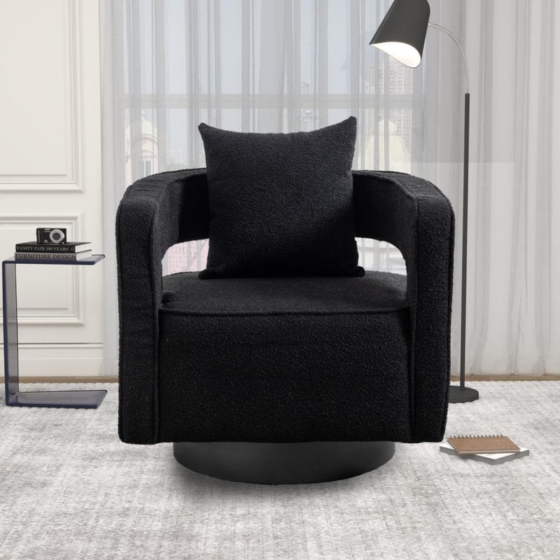 Swivel Accent Chair Open Back Textured Black Barrel Seat