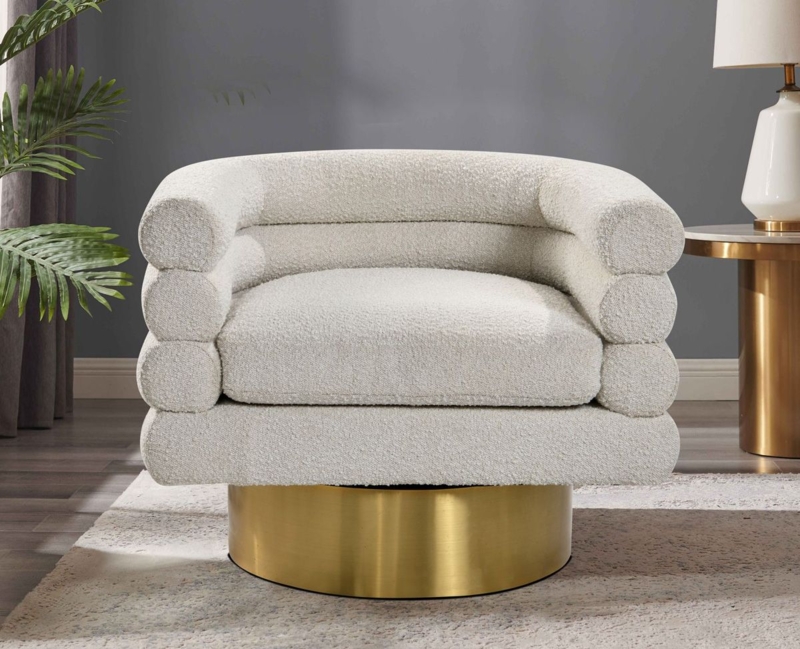 Swivel Accent Chair Organic Barrel Back Textured Boucle