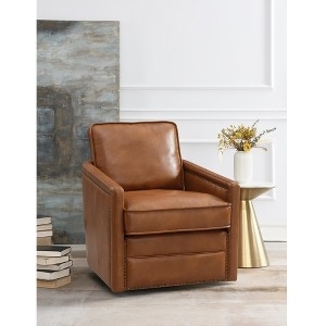 Swivel Accent Chair Tan Leather-Like Barrel Back, Cognac Brown Seating.