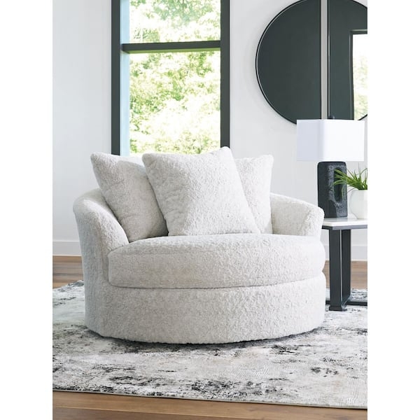Swivel Accent Chair with Round Silhouette in Beige Textured Weave