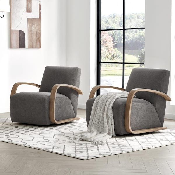 Swivel Accent Chair with U-Shaped Wood Arms in Fossil Grey Fabric
