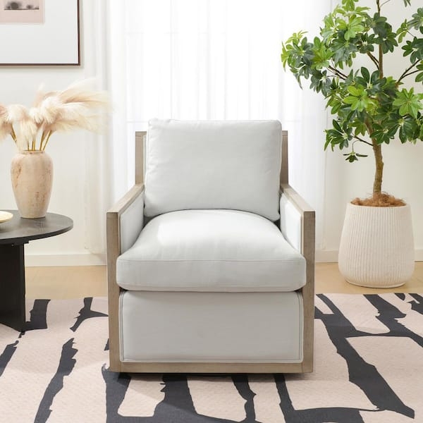 Swivel Armchair Ivory Performance Fabric Pillow Back, Ivory Swivel Armchair.