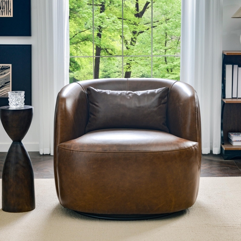 Swivel Barrel Armchair in Dark Brown Leather for Minimalist Lounge