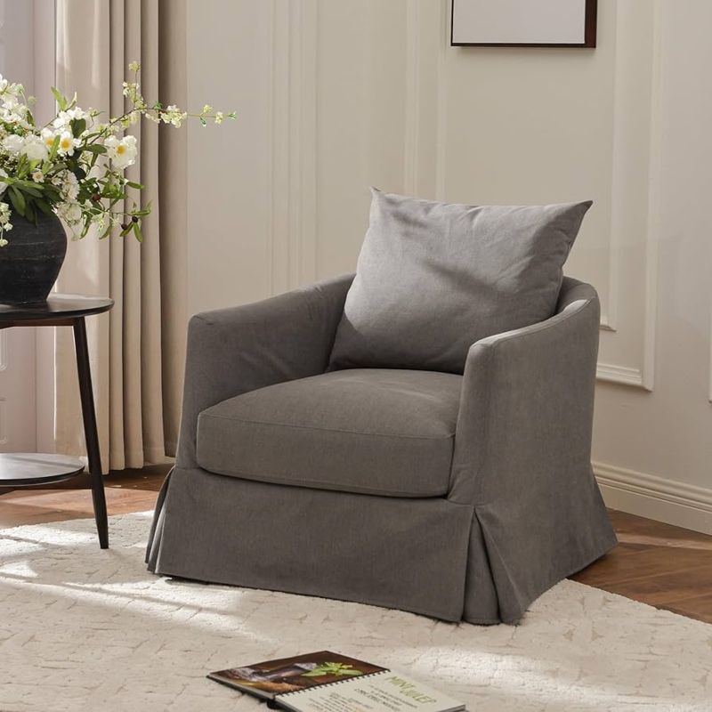 Swivel Barrel Armchair Slate Gray Slipcovered, Modern Swivel Chair Design.