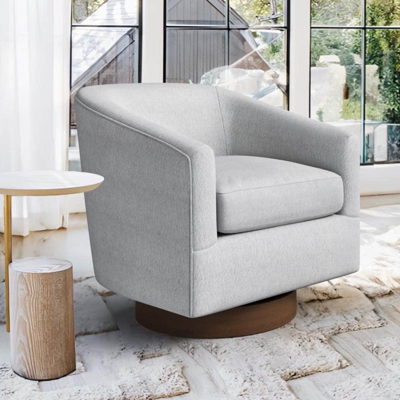 Swivel Barrel Chair Channel Tufted Gray Leather-Like Wood Base Modern
