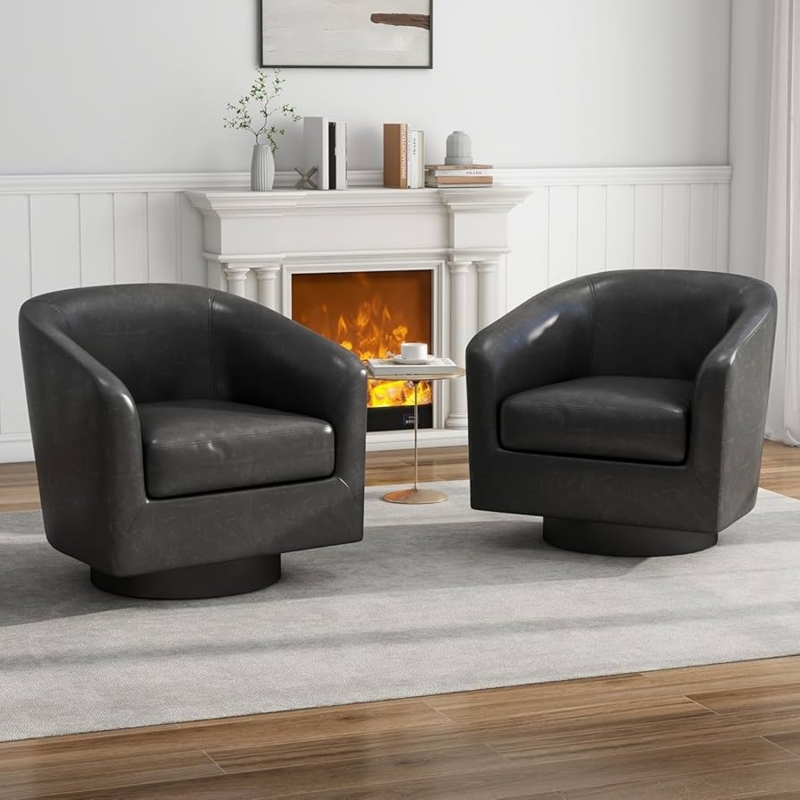 Swivel Barrel Chair Leather Like Round Base Contemporary