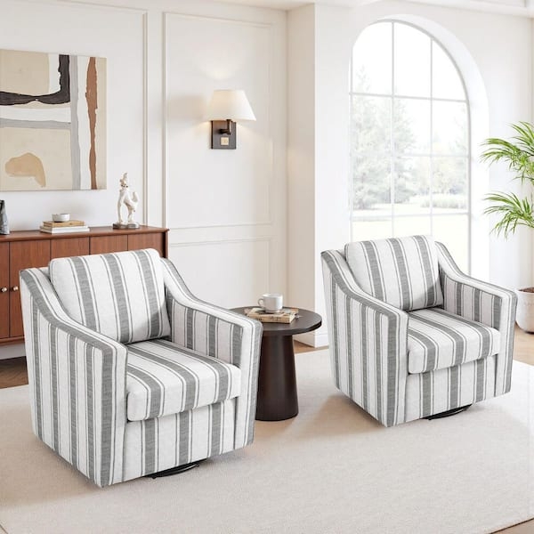 Swivel Barrel Chair, Modern Gray Striped with Channel Tufting