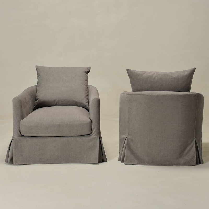 Swivel Barrel Chair Off-White Slipcovered Lumbar Pillow, Coastal Chair.