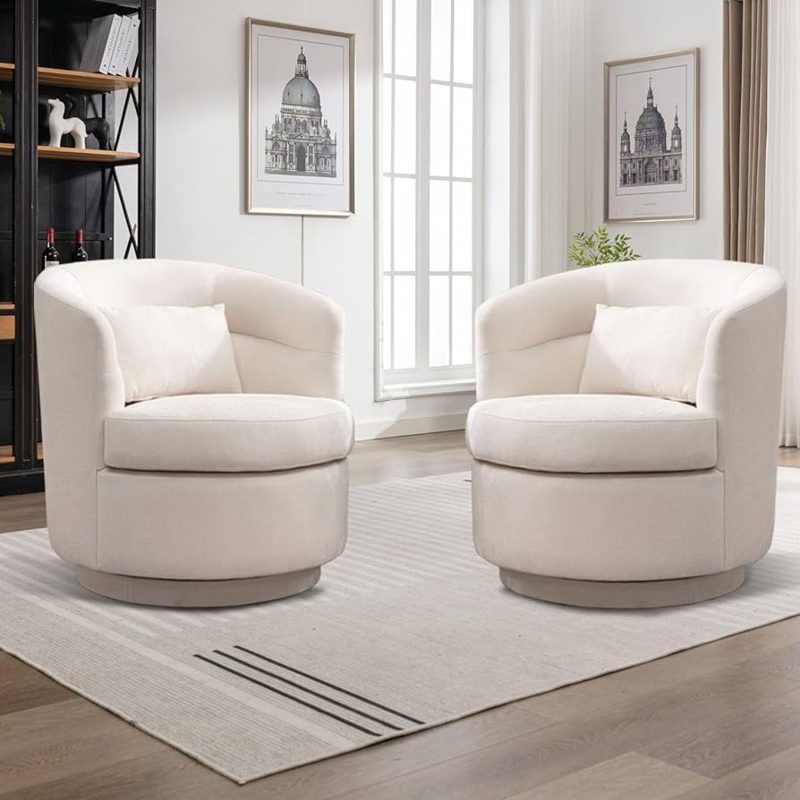 Swivel Barrel Chair Pair with Toss Pillows in Beige