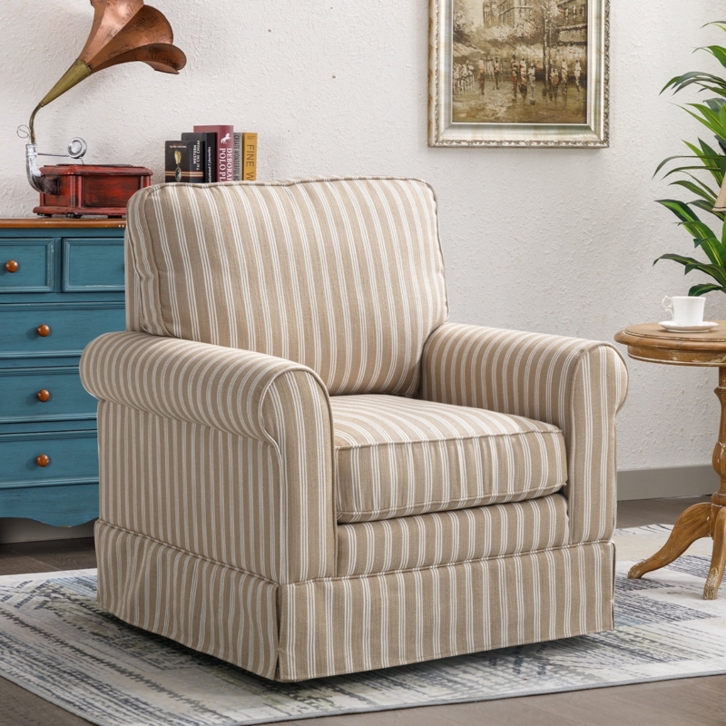 Swivel Chair Brown Striped Pattern Sloped Arms Bohemian Seating
