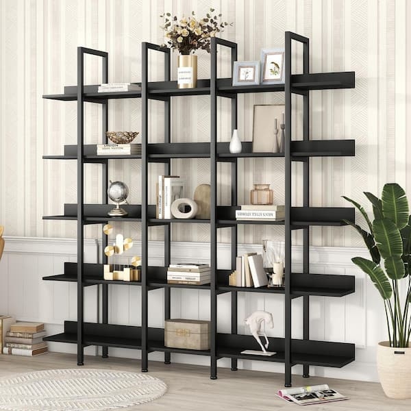 Tall 5-Tier Bookcase, Dark Walnut Wood and Black Metal X-Brace.