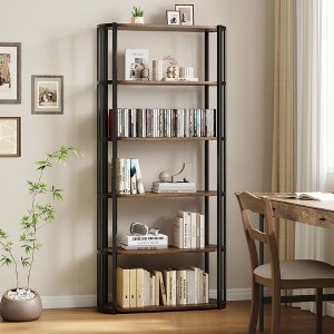Tall 6-Tier Bookshelf, Industrial Metal Frame X-Brace Storage.