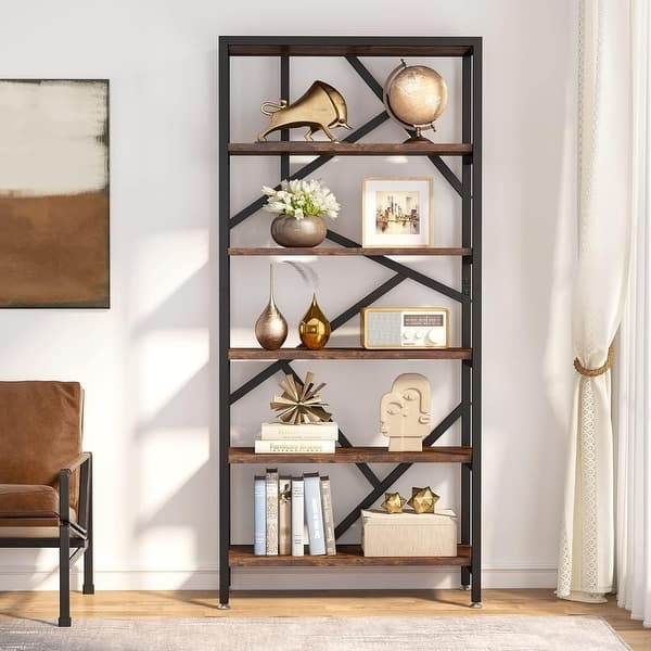Tall 6-Tier Etagere Bookcase, Rustic Brown Wood & Black X-Brace