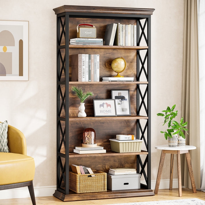 Tall 6-Tier Etagere Bookshelf, Rustic Wood & Black Metal X-Brace