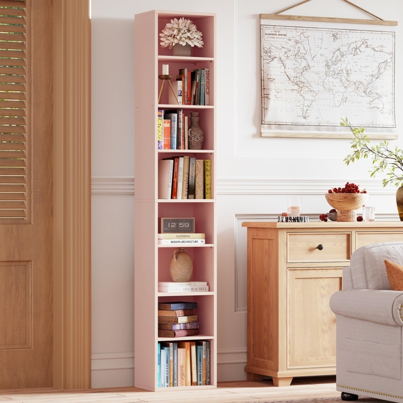 Tall 8-Tier Industrial Bookcase with Rustic Wood Shelves