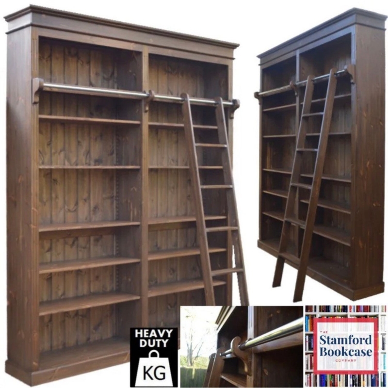 Tall 8ft Dark Wood Library Bookcase with Ladder