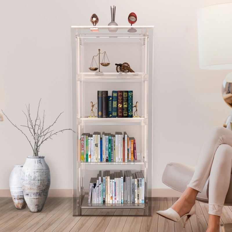 Tall Acrylic Bookcase, Five-Shelf Open Back Design with Thick Panels