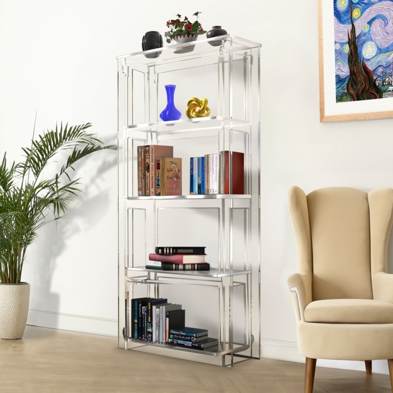 Tall Acrylic Bookcase, Slender Ghost Style Vertical Storage, Glossy Finish