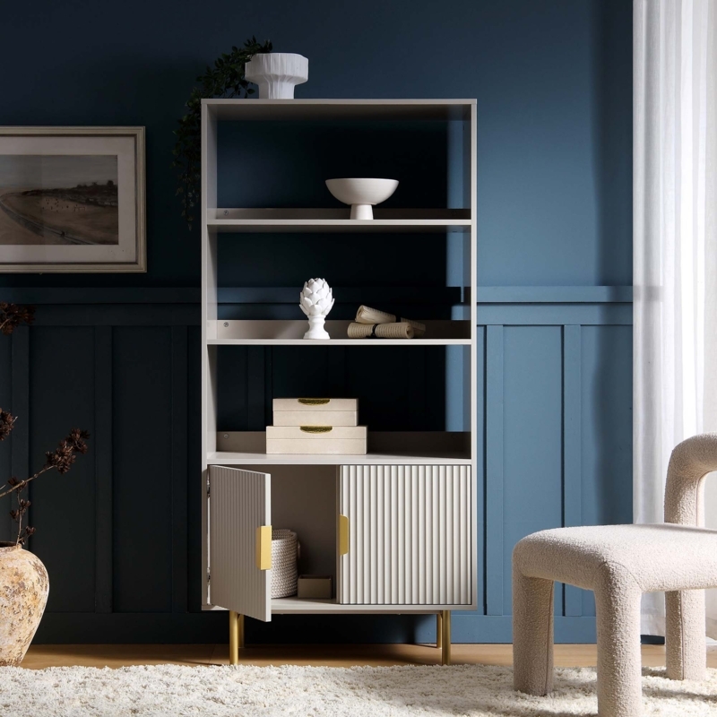 Tall Bookcase, Ridged Texture, Cabinet Doors, Matte Finish.