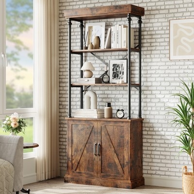 Tall Bookcase with Bottom Double-Door Cabinet and Shelves