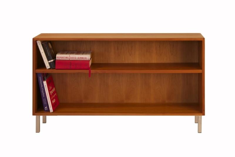 Tall Cherry Wood Bookcase with Asymmetrical Shelves and Cabinet