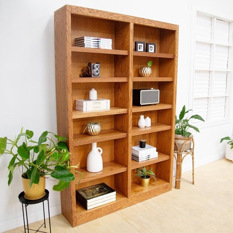 Tall Double Column Bookcase with Twelve Shelves in Warm Oak Finish.