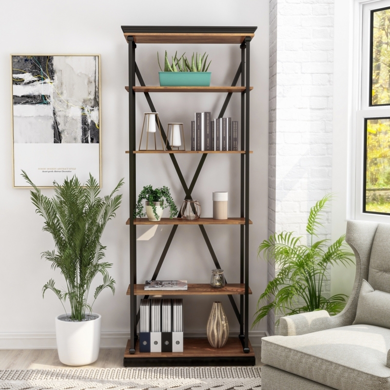 Tall Etagere Bookcase Antique Grey Metal X-Brace Detail 5-Tier