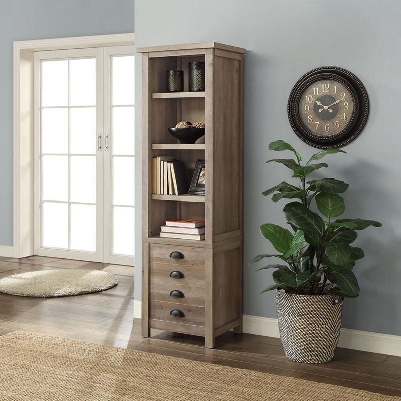Tall Farmhouse Bookcase, Rustic Gray Finish, Four Open Tiers, Cabinet