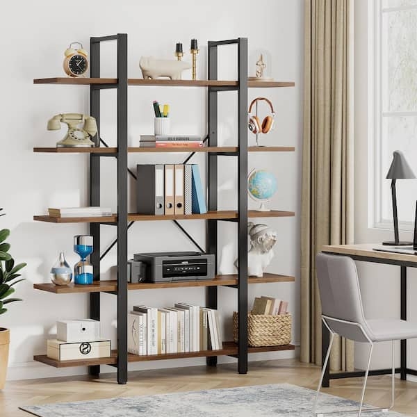 Tall Industrial Bookcase, 5-Tier Open Shelf with X-Cross Back Frame.