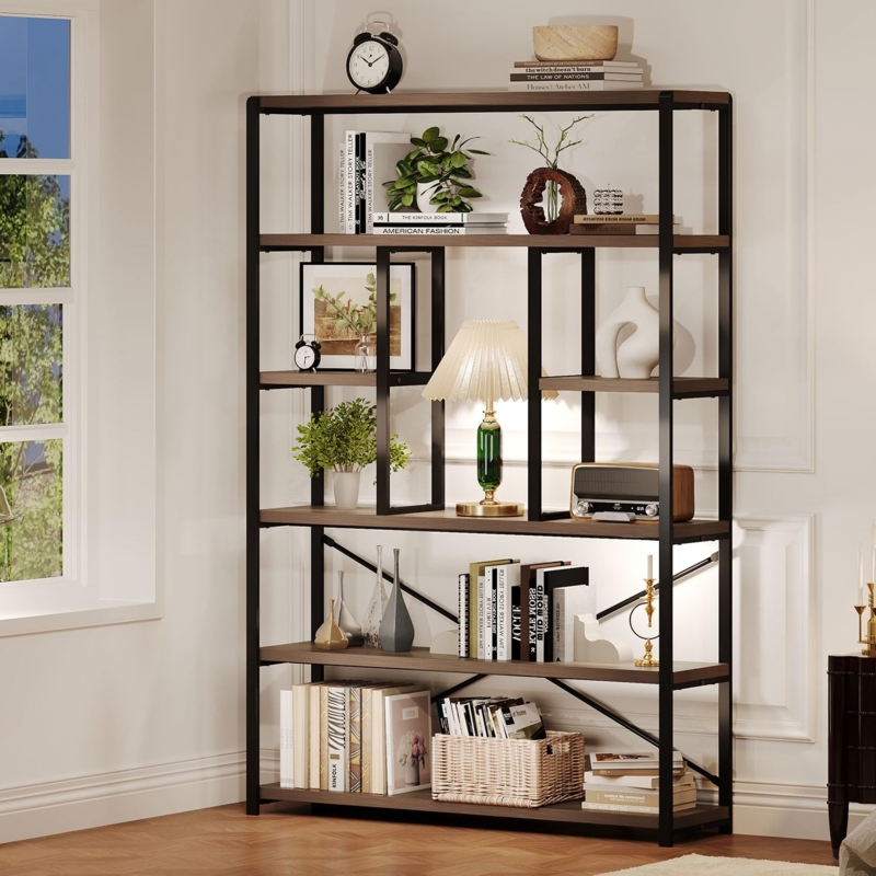 Tall Industrial Etagere Bookcase, 6-Tier Open Wood & Metal Shelves