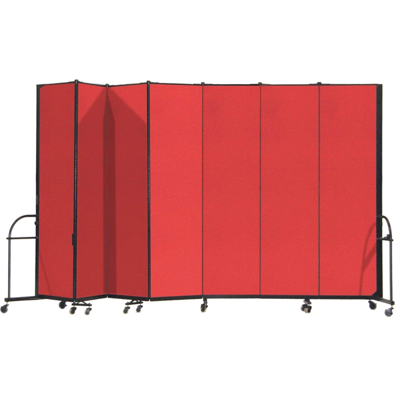 Tall Modern Folding Room Divider, Red Fabric Screen on Caster Wheels