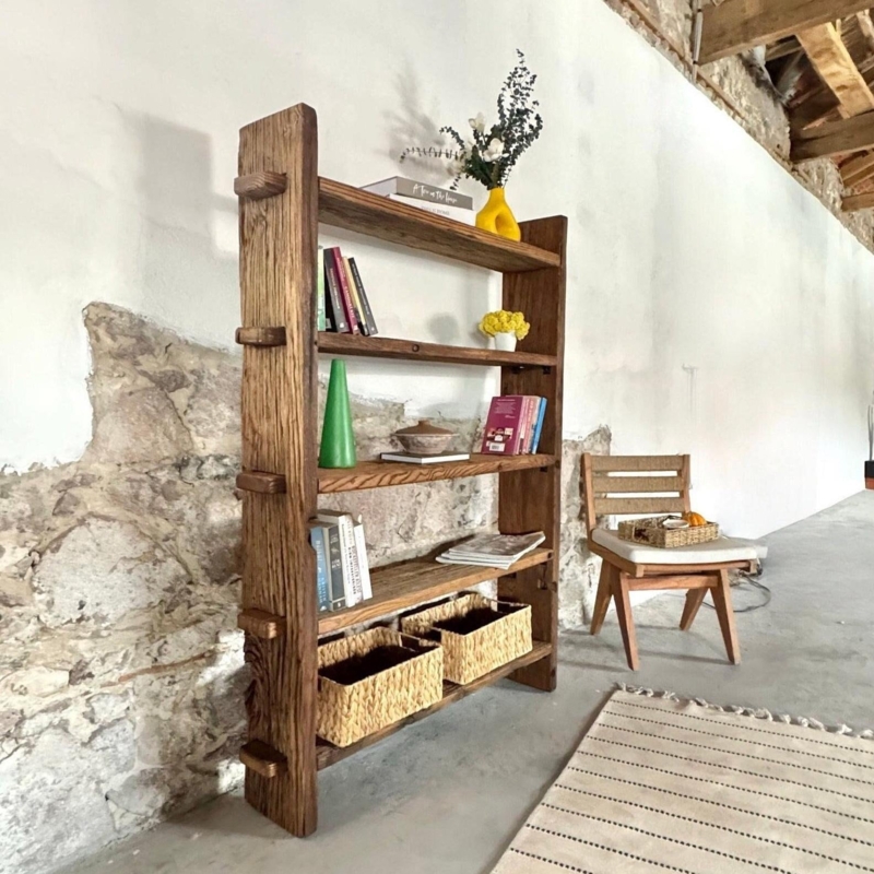Tall Open Bookcase, Weathered Reclaimed Wood Texture, Plank Back